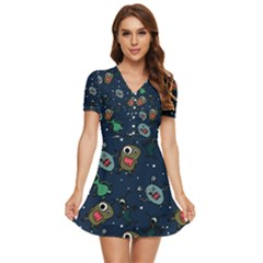 Monster-alien-pattern-seamless-background V-neck High Waist Chiffon Mini Dress by Salman4z