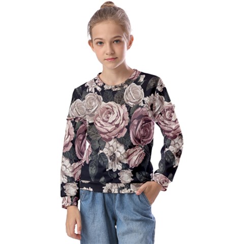 Elegant-seamless-pattern-blush-toned-rustic-flowers Kids  Long Sleeve Tee With Frill  by Salman4z