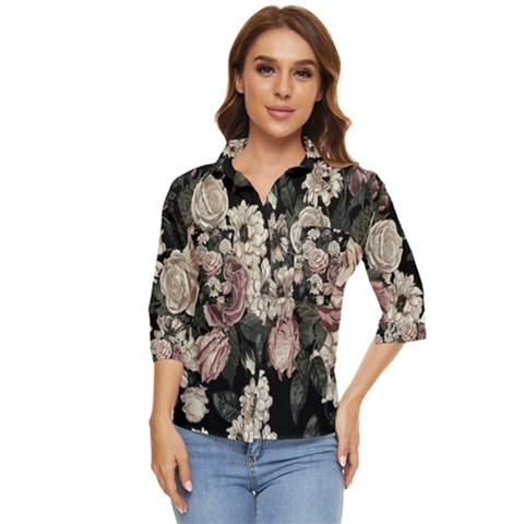 Elegant-seamless-pattern-blush-toned-rustic-flowers Women s Quarter Sleeve Pocket Shirt by Salman4z