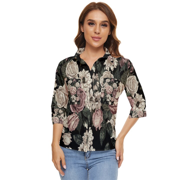 Elegant-seamless-pattern-blush-toned-rustic-flowers Women s Quarter Sleeve Pocket Shirt