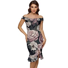 Elegant-seamless-pattern-blush-toned-rustic-flowers Off Shoulder Ruffle Split Hem Bodycon Dress by Salman4z