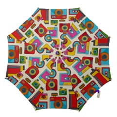 Retro-cameras-audio-cassettes-hand-drawn-pop-art-style-seamless-pattern Hook Handle Umbrellas (small) by Salman4z