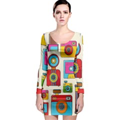 Retro-cameras-audio-cassettes-hand-drawn-pop-art-style-seamless-pattern Long Sleeve Bodycon Dress by Salman4z