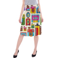 Retro-cameras-audio-cassettes-hand-drawn-pop-art-style-seamless-pattern Midi Beach Skirt by Salman4z