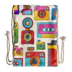 Retro-cameras-audio-cassettes-hand-drawn-pop-art-style-seamless-pattern Drawstring Bag (large) by Salman4z