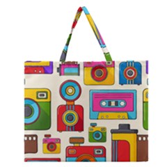 Retro-cameras-audio-cassettes-hand-drawn-pop-art-style-seamless-pattern Zipper Large Tote Bag by Salman4z