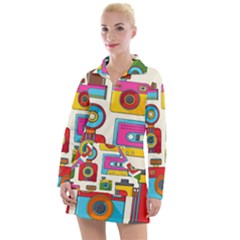 Retro-cameras-audio-cassettes-hand-drawn-pop-art-style-seamless-pattern Women s Long Sleeve Casual Dress by Salman4z