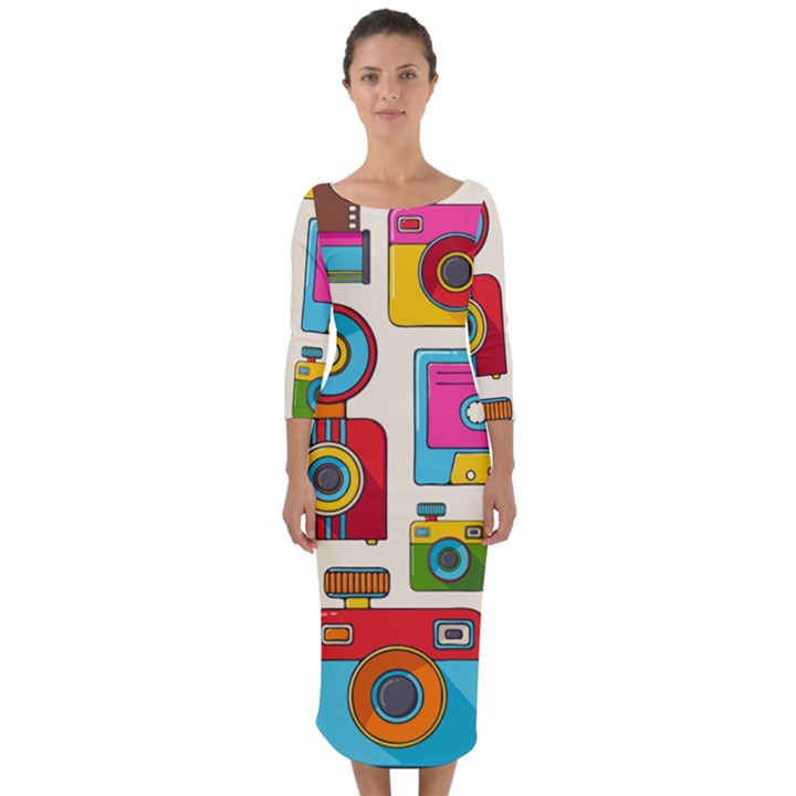 Retro-cameras-audio-cassettes-hand-drawn-pop-art-style-seamless-pattern Quarter Sleeve Midi Bodycon Dress