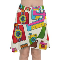 Retro-cameras-audio-cassettes-hand-drawn-pop-art-style-seamless-pattern Chiffon Wrap Front Skirt by Salman4z