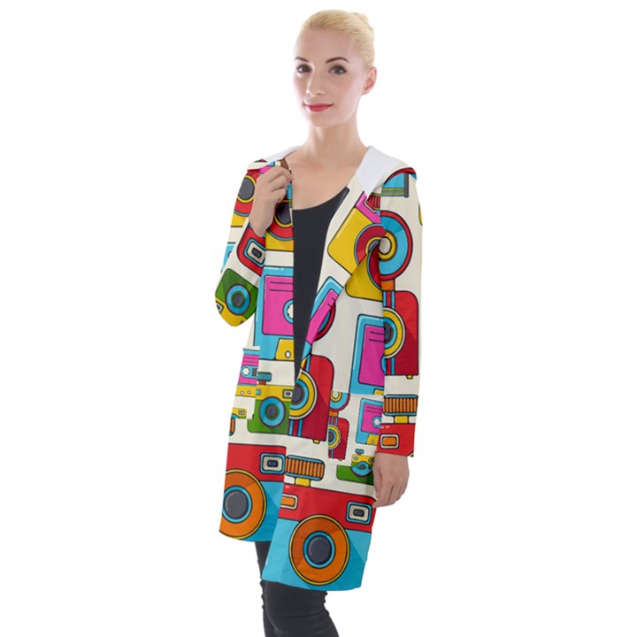 Retro-cameras-audio-cassettes-hand-drawn-pop-art-style-seamless-pattern Hooded Pocket Cardigan