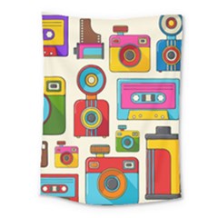 Retro-cameras-audio-cassettes-hand-drawn-pop-art-style-seamless-pattern Medium Tapestry by Salman4z