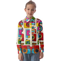 Retro-cameras-audio-cassettes-hand-drawn-pop-art-style-seamless-pattern Kids  Long Sleeve Shirt by Salman4z