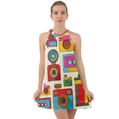 Retro-cameras-audio-cassettes-hand-drawn-pop-art-style-seamless-pattern Halter Tie Back Chiffon Dress by Salman4z