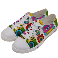 Retro-cameras-audio-cassettes-hand-drawn-pop-art-style-seamless-pattern Women s Low Top Canvas Sneakers by Salman4z