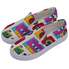 Retro-cameras-audio-cassettes-hand-drawn-pop-art-style-seamless-pattern Kids  Canvas Slip Ons by Salman4z