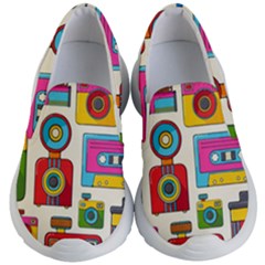 Retro-cameras-audio-cassettes-hand-drawn-pop-art-style-seamless-pattern Kids Lightweight Slip Ons by Salman4z