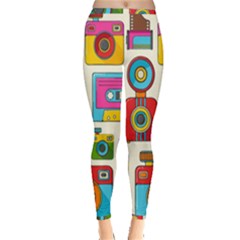 Retro-cameras-audio-cassettes-hand-drawn-pop-art-style-seamless-pattern Inside Out Leggings by Salman4z