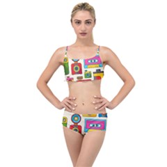 Retro-cameras-audio-cassettes-hand-drawn-pop-art-style-seamless-pattern Layered Top Bikini Set by Salman4z