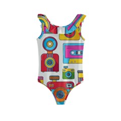 Retro-cameras-audio-cassettes-hand-drawn-pop-art-style-seamless-pattern Kids  Frill Swimsuit by Salman4z