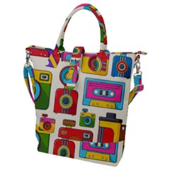 Retro-cameras-audio-cassettes-hand-drawn-pop-art-style-seamless-pattern Buckle Top Tote Bag by Salman4z