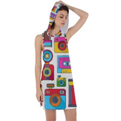 Retro-cameras-audio-cassettes-hand-drawn-pop-art-style-seamless-pattern Racer Back Hoodie Dress by Salman4z