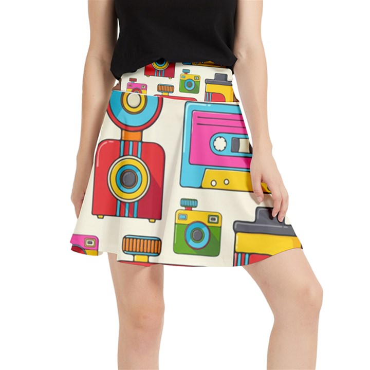 Retro-cameras-audio-cassettes-hand-drawn-pop-art-style-seamless-pattern Waistband Skirt