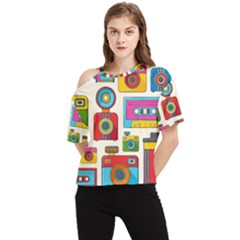 Retro-cameras-audio-cassettes-hand-drawn-pop-art-style-seamless-pattern One Shoulder Cut Out Tee by Salman4z