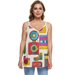 Retro-cameras-audio-cassettes-hand-drawn-pop-art-style-seamless-pattern Casual Spaghetti Strap Chiffon Top by Salman4z