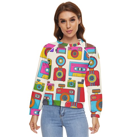 Retro-cameras-audio-cassettes-hand-drawn-pop-art-style-seamless-pattern Women s Long Sleeve Raglan Tee by Salman4z