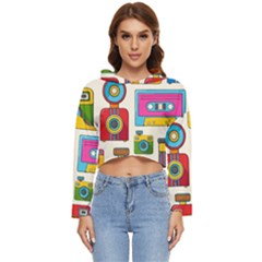 Retro-cameras-audio-cassettes-hand-drawn-pop-art-style-seamless-pattern Women s Lightweight Cropped Hoodie by Salman4z