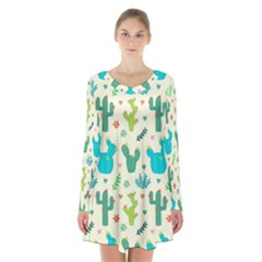 Cactus-succulents-floral-seamless-pattern Long Sleeve Velvet V-neck Dress