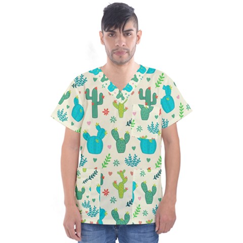 Cactus-succulents-floral-seamless-pattern Men s V-neck Scrub Top by Salman4z