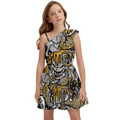 Crazy-abstract-doodle-social-doodle-drawing-style Kids  One Shoulder Party Dress by Salman4z