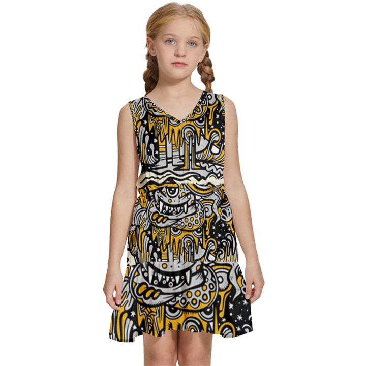 Crazy-abstract-doodle-social-doodle-drawing-style Kids  Sleeveless Tiered Mini Dress