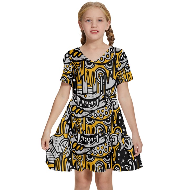 Crazy-abstract-doodle-social-doodle-drawing-style Kids  Short Sleeve Tiered Mini Dress