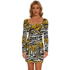 Crazy-abstract-doodle-social-doodle-drawing-style Long Sleeve Square Neck Bodycon Velvet Dress by Salman4z