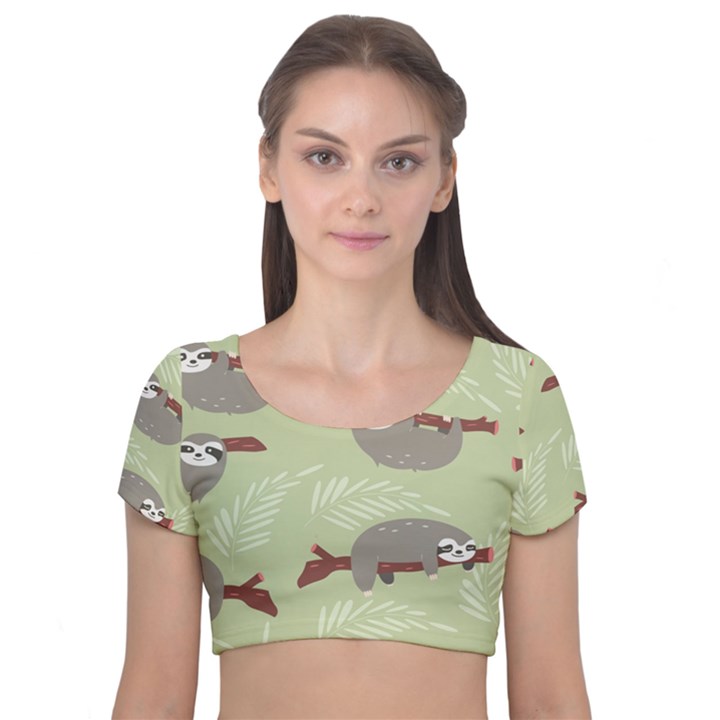 Sloths-pattern-design Velvet Short Sleeve Crop Top 