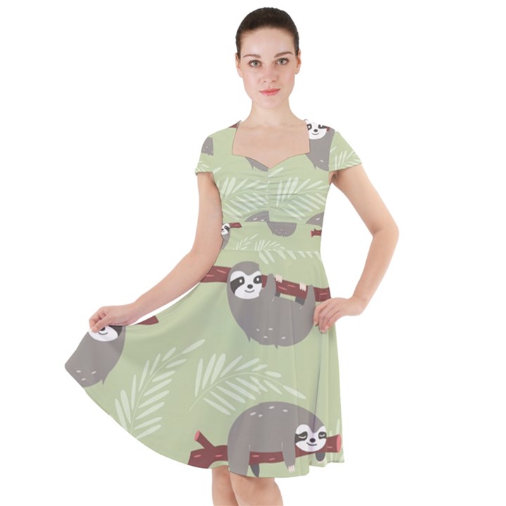 Sloths-pattern-design Cap Sleeve Midi Dress