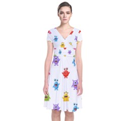 Seamless-pattern-cute-funny-monster-cartoon-isolated-white-background Short Sleeve Front Wrap Dress