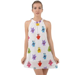 Seamless-pattern-cute-funny-monster-cartoon-isolated-white-background Halter Tie Back Chiffon Dress by Salman4z