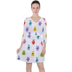 Seamless-pattern-cute-funny-monster-cartoon-isolated-white-background Quarter Sleeve Ruffle Waist Dress by Salman4z