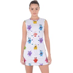 Seamless-pattern-cute-funny-monster-cartoon-isolated-white-background Lace Up Front Bodycon Dress by Salman4z