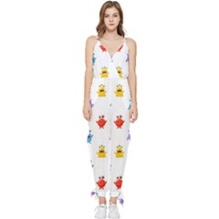 Seamless-pattern-cute-funny-monster-cartoon-isolated-white-background Sleeveless Tie Ankle Chiffon Jumpsuit by Salman4z