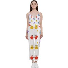 Seamless-pattern-cute-funny-monster-cartoon-isolated-white-background V-neck Spaghetti Strap Tie Front Jumpsuit by Salman4z