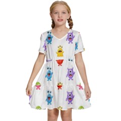 Seamless-pattern-cute-funny-monster-cartoon-isolated-white-background Kids  Short Sleeve Tiered Mini Dress by Salman4z