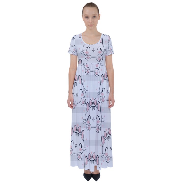 Cat-with-bow-pattern High Waist Short Sleeve Maxi Dress