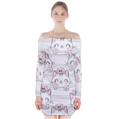 Cat-with-bow-pattern Long Sleeve Off Shoulder Dress by Salman4z