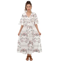 Cat-with-bow-pattern Kimono Sleeve Boho Dress by Salman4z