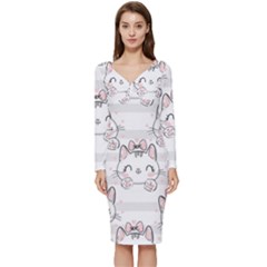 Cat-with-bow-pattern Long Sleeve V-neck Bodycon Dress  by Salman4z