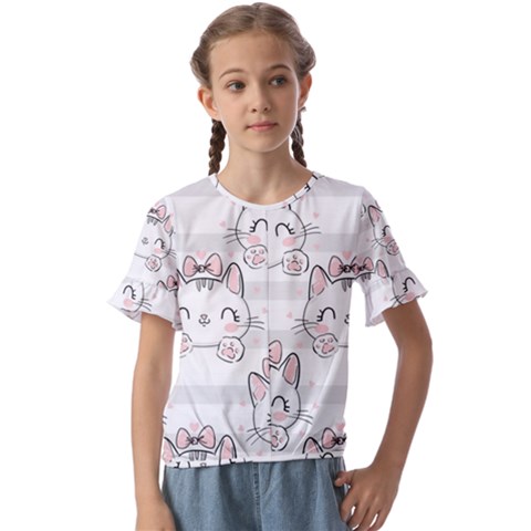 Cat-with-bow-pattern Kids  Cuff Sleeve Scrunch Bottom Tee by Salman4z